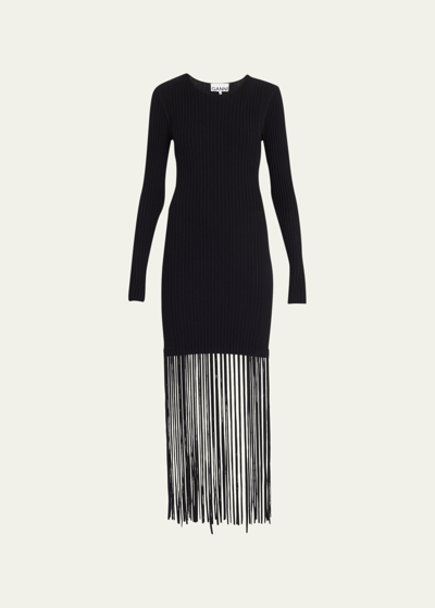 Shop Ganni Melange-knit Fringe Midi Dress In Black