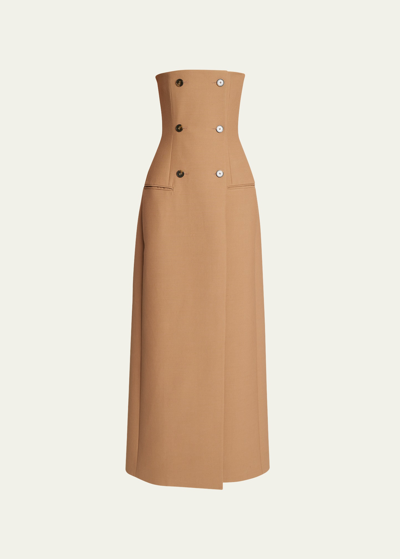 Shop Stella Mccartney Strapless Bustier Gown With Button Detail In 2302 Tobacco