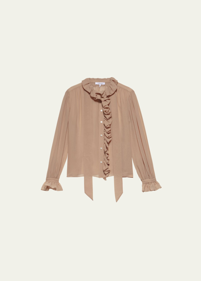 Shop Frame Ruffled Silk Button-front Top In Blush