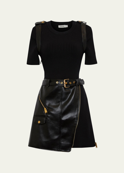 Shop Simkhai Anisa Belted Vegan Leather & Knit Combo Mini Dress In Black
