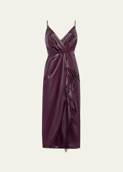 Shop Simkhai Carlee Vegan Leather Fringe Faux-wrap Midi Dress In Plum