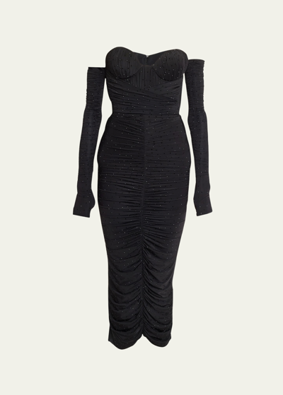 Shop Alex Perry Crystal Strapless Ruched Midi Dress With Gloves In Black