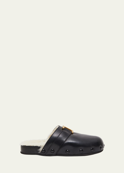 Shop Chloé Marcie Leather Shearling Flat Mules In 001 Black