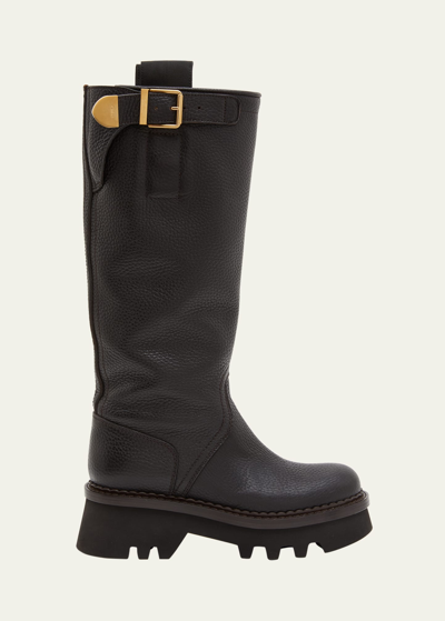Shop Chloé Owena Tall Leather Buckle Boots In 27x Enigmatic Bro