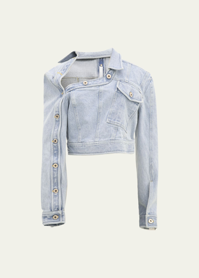 Shop Rokh Asymmetric Denim Jacket With Button Details In Blue