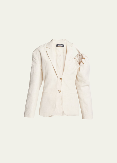 Shop Jacquemus Linen Blazer Jacket With Off-shoulder Puff Sleeve In Off White