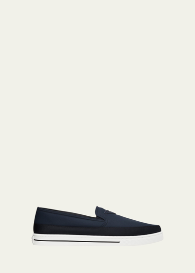 Shop Prada Men's Triangle Logo Nylon Slip-on Loafers In Navy