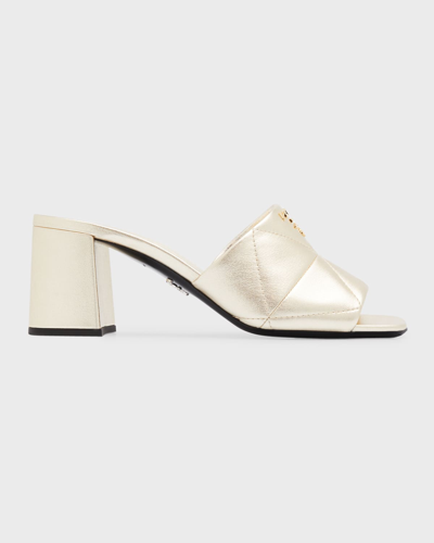 Shop Prada 65mm Quilted Leather Block-heel Slide Sandals In Pirite