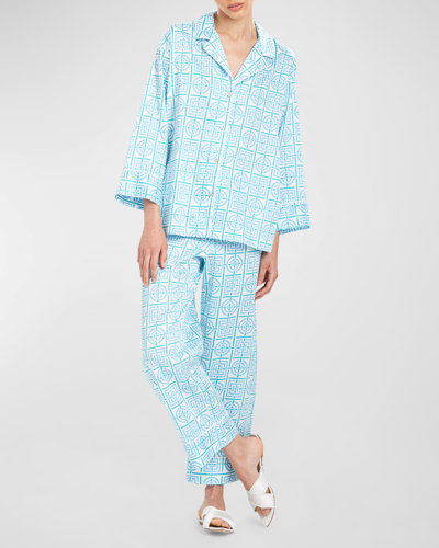 Shop Natori Cropped Infinity-print Cotton Pajama Set In French Blue