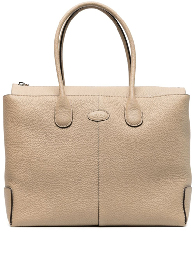 Shop Tod's Logo-patch Leather Tote Bag In Neutrals