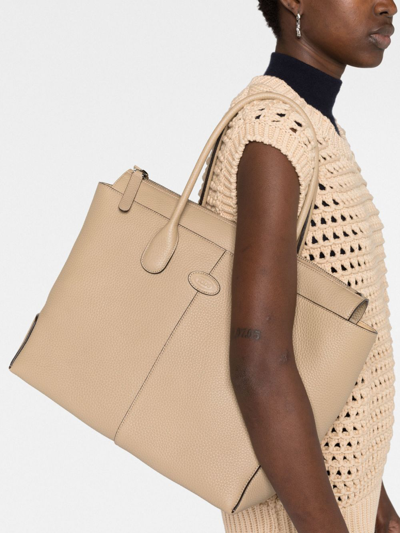 Shop Tod's Logo-patch Leather Tote Bag In Neutrals