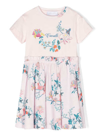 Shop Roberto Cavalli Junior Tiered Floral-print Cotton Dress In Pink
