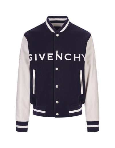 Shop Givenchy Navy And White  Bomber Jacket In Wool And Leather In Blue