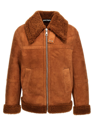 Shop Palm Angels University Zipped Shearling Jacket In Brown