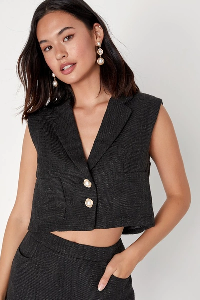 Shop Lulus Perfect Company Black Tweed Sleeveless Cropped Blazer