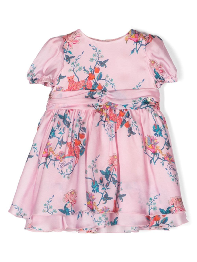 Shop Roberto Cavalli Junior Floral-print Short-sleeve Silk Dress In Pink