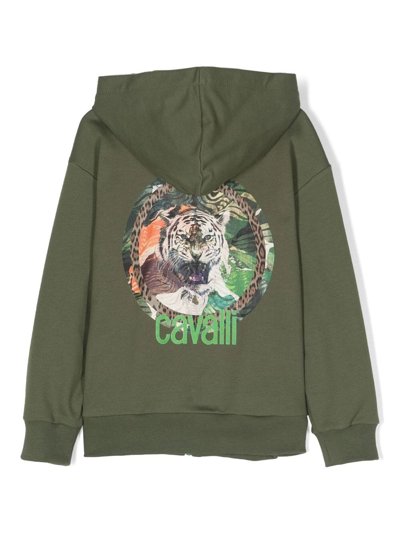 Shop Roberto Cavalli Junior Animal-print Zip-up Hoodie In Green