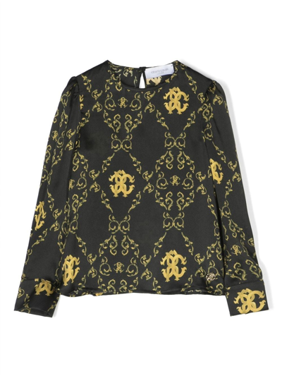 Shop Roberto Cavalli Junior Logo-print Silk Blouse In Black