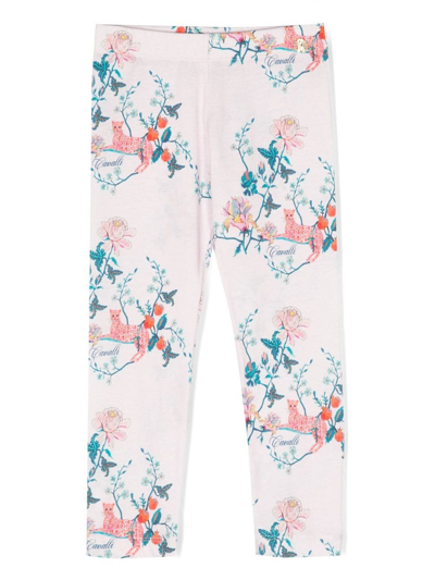 Shop Roberto Cavalli Junior Floral And Leopard-print Leggings In Pink