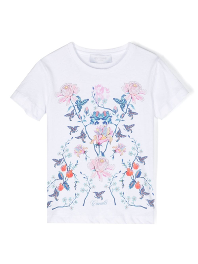 Shop Roberto Cavalli Junior Floral-print Cotton T-shirt In White