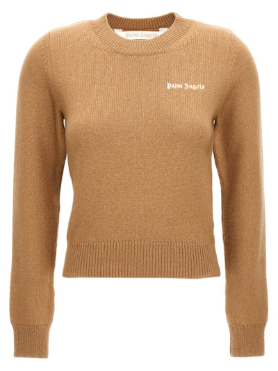 Shop Palm Angels Logo Embroidered Knitted Jumper In Beige