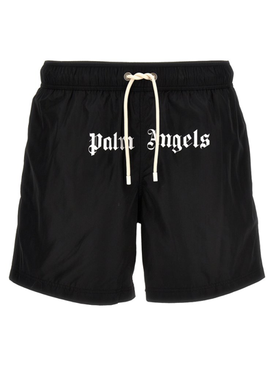Shop Palm Angels Logo Printed Drawstring Swim Shorts In Black