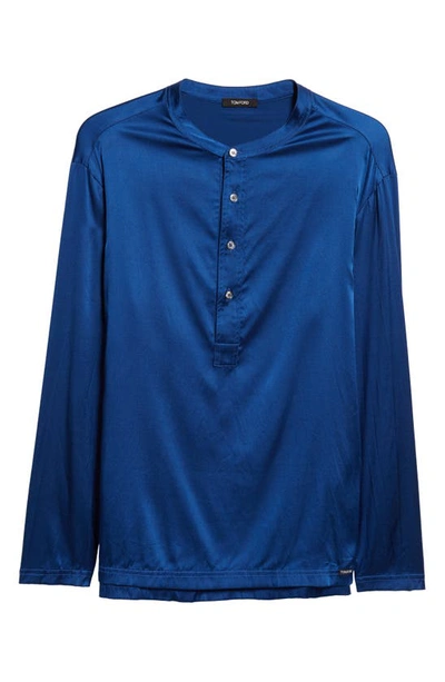 Shop Tom Ford Henley Stretch Silk Pajama Shirt In Ocean Blue