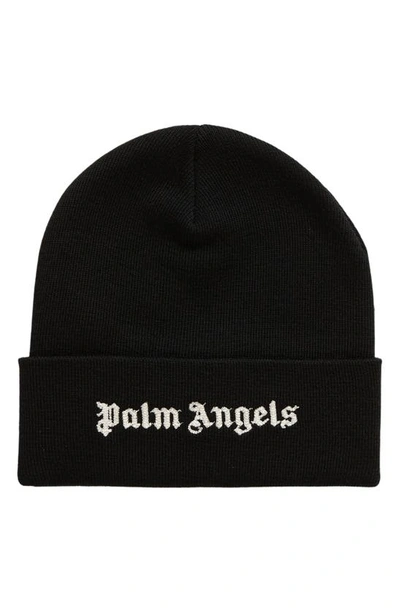 Palm Angels Embroidered Logo Beanie In Black White
