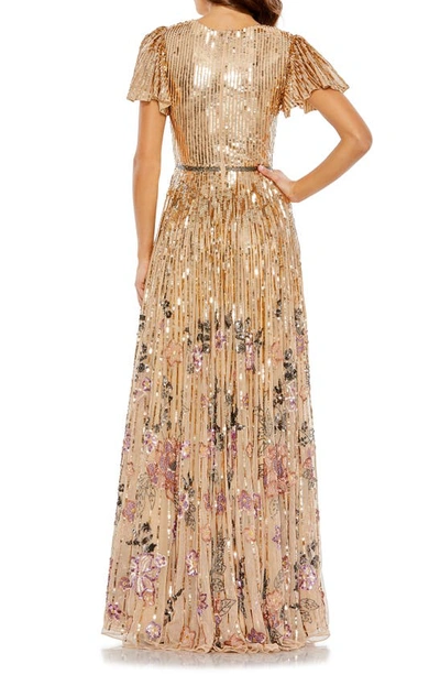 Shop Mac Duggal Sequin Floral Flutter Sleeve Gown In Copper