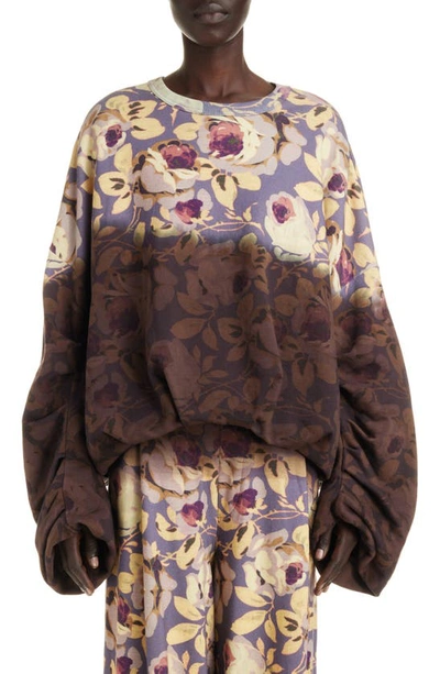 Shop Dries Van Noten Hannette Two-tone Floral Print Cotton Sweatshirt In Purple 401