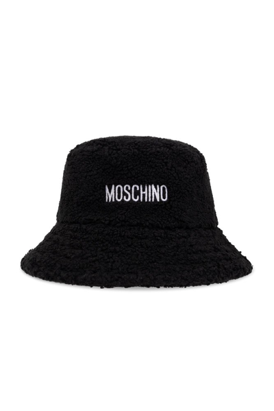 Shop Moschino Logo Embroidered Faux Fur Bucket Hat In Black