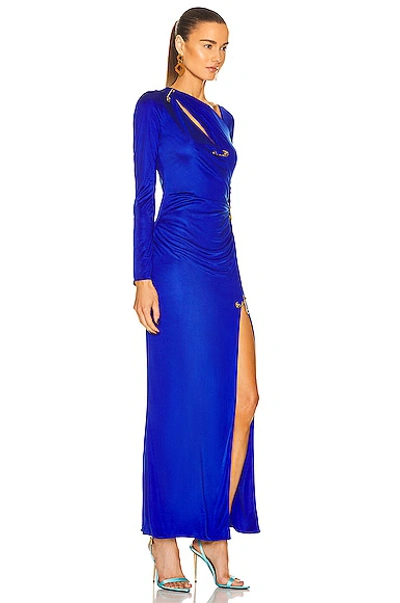 Versace Safety Pin Thigh-slit Ruched Slash Jersey Gown In Lapis