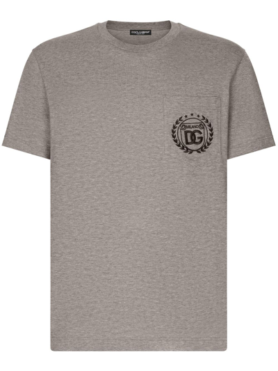 Shop Dolce & Gabbana Embroidered-logo Cotton T-shirt In Grey