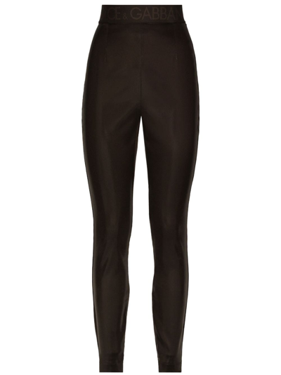 Shop Dolce & Gabbana Logo-waistband Satin Leggings In Brown