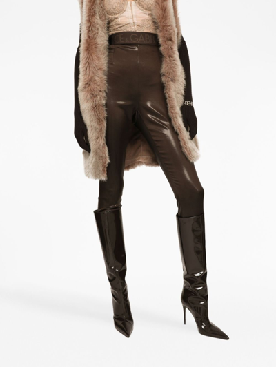 Shop Dolce & Gabbana Logo-waistband Satin Leggings In Brown