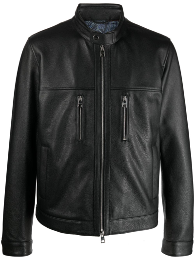 Shop Etro Leather Biker Jacket In Black