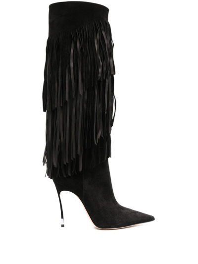 Shop Casadei Cassidy 110mm Fringed Suede Boots In Black