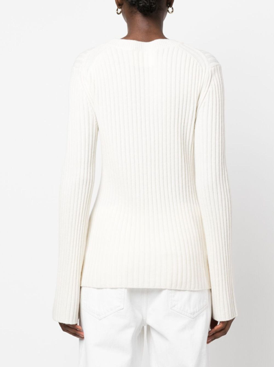 Closed Ribbed-knit Long-sleeve Top In Neutrals