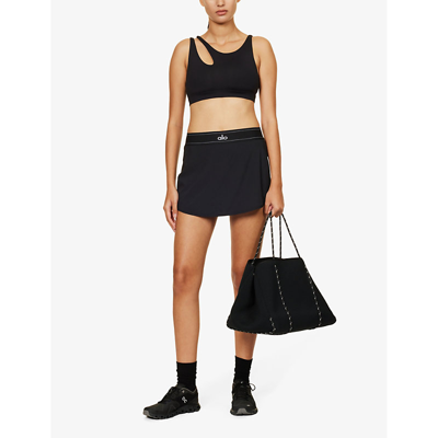 Shop Alo Yoga Women's Black Match Point Logo-waistband Stretch-woven Mini Skirt