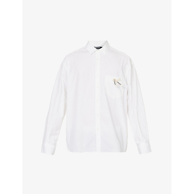 Shop Jacquemus Men's White La Chemise Simon Bow-embellished Boxy-fit Stretch-cotton Shirt