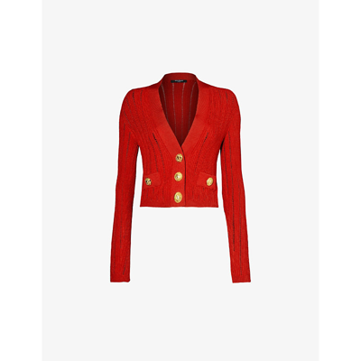 Shop Balmain Women's Rouge Vif Broderie Gold-toned Buttons Knitted Cardigan