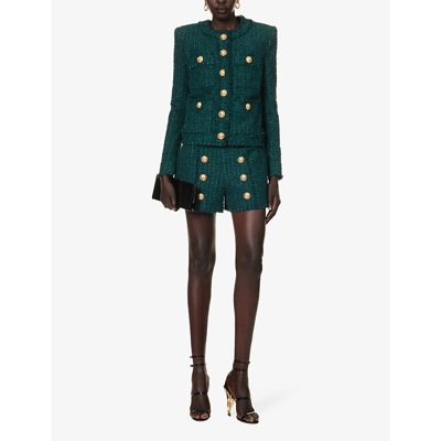 Shop Balmain Button-embellished Single-breasted Woven Jacket In Vert Fonce
