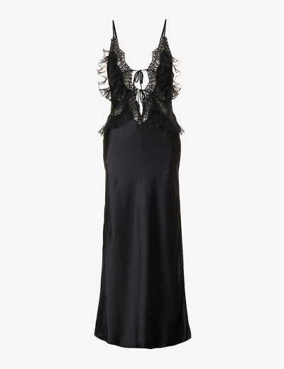 Shop Alexander Wang Women's Black V-neck Lace-trim Silk Midi Dress