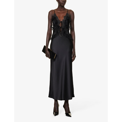Shop Alexander Wang Women's Black V-neck Lace-trim Silk Midi Dress