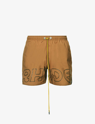 Shop Rhude Mens Camel Logo-print Mid-rise Swim Shorts