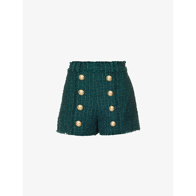 Shop Balmain Womens Vert Fonce Tweed Mid-rise Woven Shorts