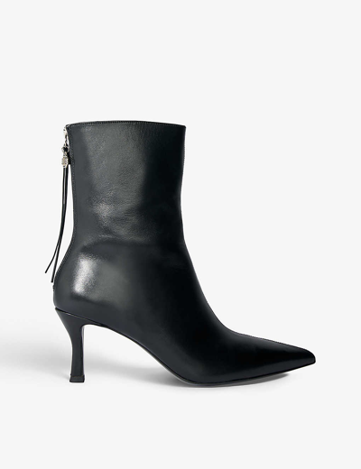 Shop Maje Women's Noir / Gris Faymon Logo-charm Heeled Leather Ankle Boots In Black