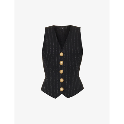 Shop Balmain Button-embellished Pinstripe Wool-blend Waistcoat In Noir Or