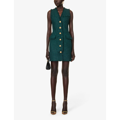 Shop Balmain Women's Vert Fonce Tweed Raw-edge Mini Dress