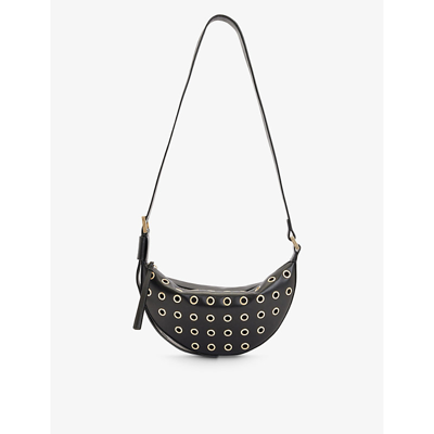 Shop Allsaints Half-moon Gold-toned Eyelet Leather Cross-body Bag In Black